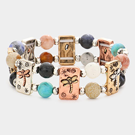 Semi Precious Stone with Dragonfly Metal Stretch Bracelet