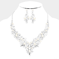 Glass Crystal with Pearl Statement Evening Necklace
