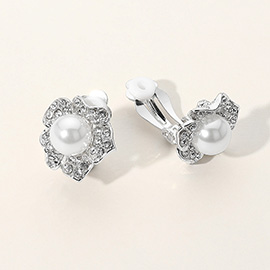 Rhinestone Paved Flower Pearl Clip On Earrings