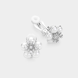 Pave Rhinestone Flower Pearl Clip on Earrings