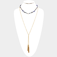 Layered Weave Multi Bead Drop Double Chain Tassel Necklace