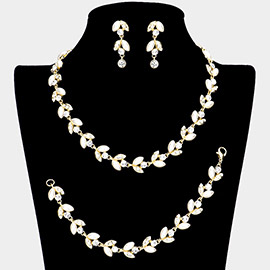 3PCS Crystal Rhinestone Pearl Leaf Cluster Necklace Set