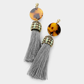 Tortoise Celluloid Disc Drop Tassel Earrings