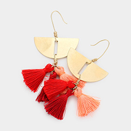 Metal Half Round Disc Drop Triple Tassel Earrings