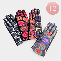 12Pairs - Swirl Embroidery Fur Lining Touch Gloves