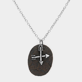 Oval Faux Leather Metal Arrow Pendant Necklace