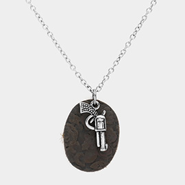 Oval Faux Leather Metal Gun Pendant Necklace