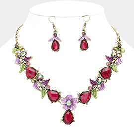 Colored Metal Flower Leaf Teardrop Stone Bib Necklace