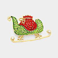 Pave Stone Christmas Gift Box Sleigh Pin Brooch