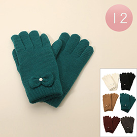 12Pairs - Cable Knit Bow Detail Fleece Lining Gloves