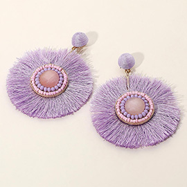 Stone Detail Thread Fringe Round Disc Earrings