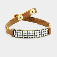 Metallic Faux Leather Rectangle Pearl Cluster Bracelet