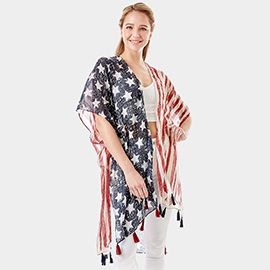 American Flag Printed Tassel Poncho