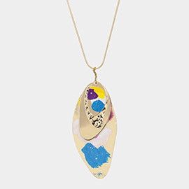 Layered Painted Abstract Metal Pendant Long Necklace