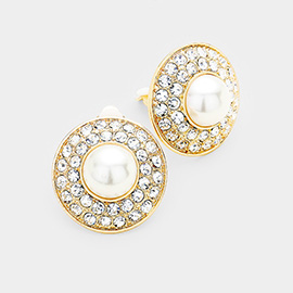 Stone Pave Round Pearl Centered Clip on Earrings