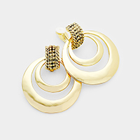 Textured Rectangle Cut Out Metal Round Clip on Earrings