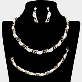 3PCS - Geo Metal Round Stone Detail Necklace jewelry Set