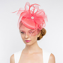 Jewel Accent Feather Mesh Fascinator / Headband