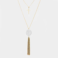 Double Layered Metal Cross Jesus Disc Drop Chain Tassel Necklace