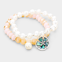 2PCS Freshwater Pearl Abalone Sand Dollar Stretch Bracelet