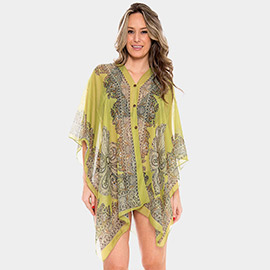 Button Detail Paisley Print V-neck  Cape Poncho