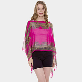 Button Detail Paisley Print V-neck  Cape Poncho