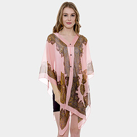 Button Detail Paisley Print V-neck  Cape Poncho