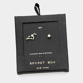 Secret Box_14K Gold Dipped CZ Stone Paved Leo Zodiac Sign Stud Earrings
