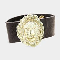 Lion Accented Leather Snap Button Bracelet