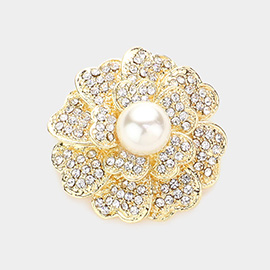 Pearl Centered Crystal Pave Flower Pin Brooch