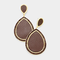 Seed Beaded Trim Leather Teardrop Dangle Earrings