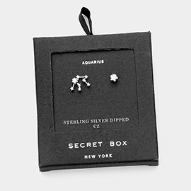 Secret Box_Sterling Silver Dipped CZ Stone Paved Aquarius Zodiac Sign Stud Earrings
