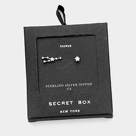 Secret Box_Sterling Silver Dipped CZ Stone Paved Taurus Zodiac Sign Stud Earrings