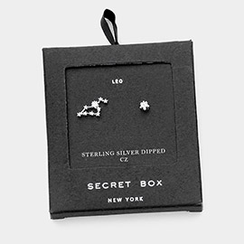 Secret Box_Sterling Silver Dipped CZ Stone Paved Leo Zodiac Sign Stud Earrings