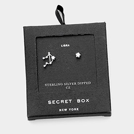 Secret Box_Sterling Silver Dipped CZ Stone Paved Libra Zodiac Sign Stud Earrings