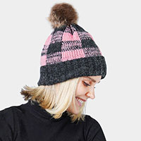 Buffalo Check Pattern Faux Pom Pom Knit Beanie Hat