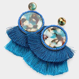 Bead Embellished Round Celluloid Acetate Tassel Earrings