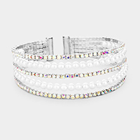 5Row Crystal Pave Pearl Cuff Evening Bracelet