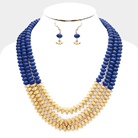 Multi Strand Wood Beaded Metal Centered Necklace