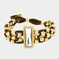 Rectangle Crystal Chunky Metal Bead Cluster Suede Bracelet
