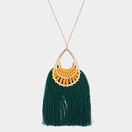 Fan Tassel Hammered Teardrop Pendant Long Necklace