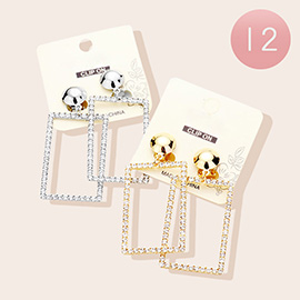 12Pairs - Rhinestone Pave Open Rectangle Link Dangle Clip on Earrings