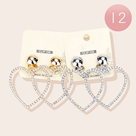 12Pairs - Rhinestone Open Heart Link Dangle Clip on Earrings