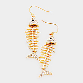 Rhinestone Embellished Metal Fishbone Dangle Earrings