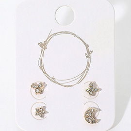 2Pairs - Mixed Crystal Floral Moon Metal Stud Earrings