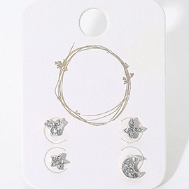 2Pairs - Mixed Crystal Floral Moon Metal Stud Earrings