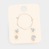 2Pairs - Mixed Crystal Floral Moon Metal Stud Earrings