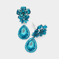 Flower Glass Crystal Teardrop Dangle Clip on Earrings