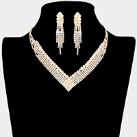Crystal Rhinestone Pave V Shape Collar Necklace Clip on Earring Set