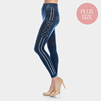 Side Crystal Pave Stripe BOSS Detail Denim Leggings